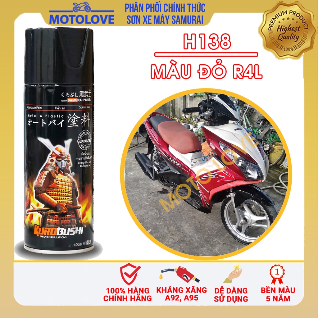 Sơn Samurai màu đỏ R4L mã H138 - chai sơn xịt chuyên dụng nhập khẩu từ Malaysia.