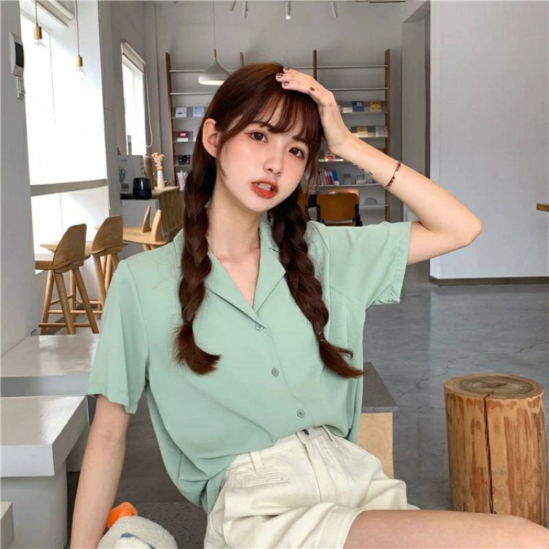 [Mã FAMARAL2 giảm 10K đơn 50K] Áo Sơ Mi Tay Ngắn Cổ Bẻ Phong Cách Retro Hàn Quốc