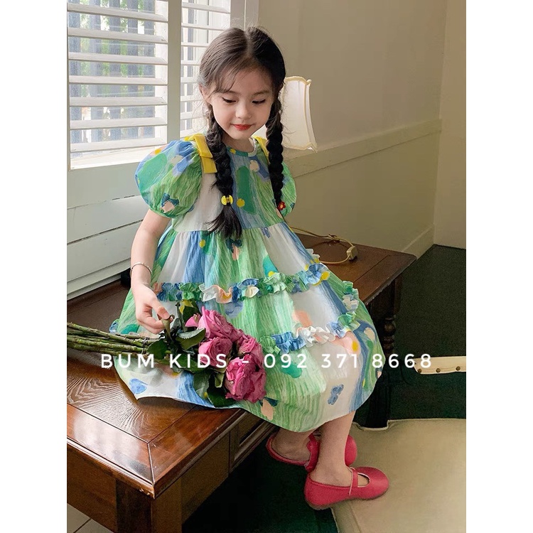 Váy hoa xanh đính nơ vàng điệu đà cho bé gái từ 8-35kg cao cấp G20