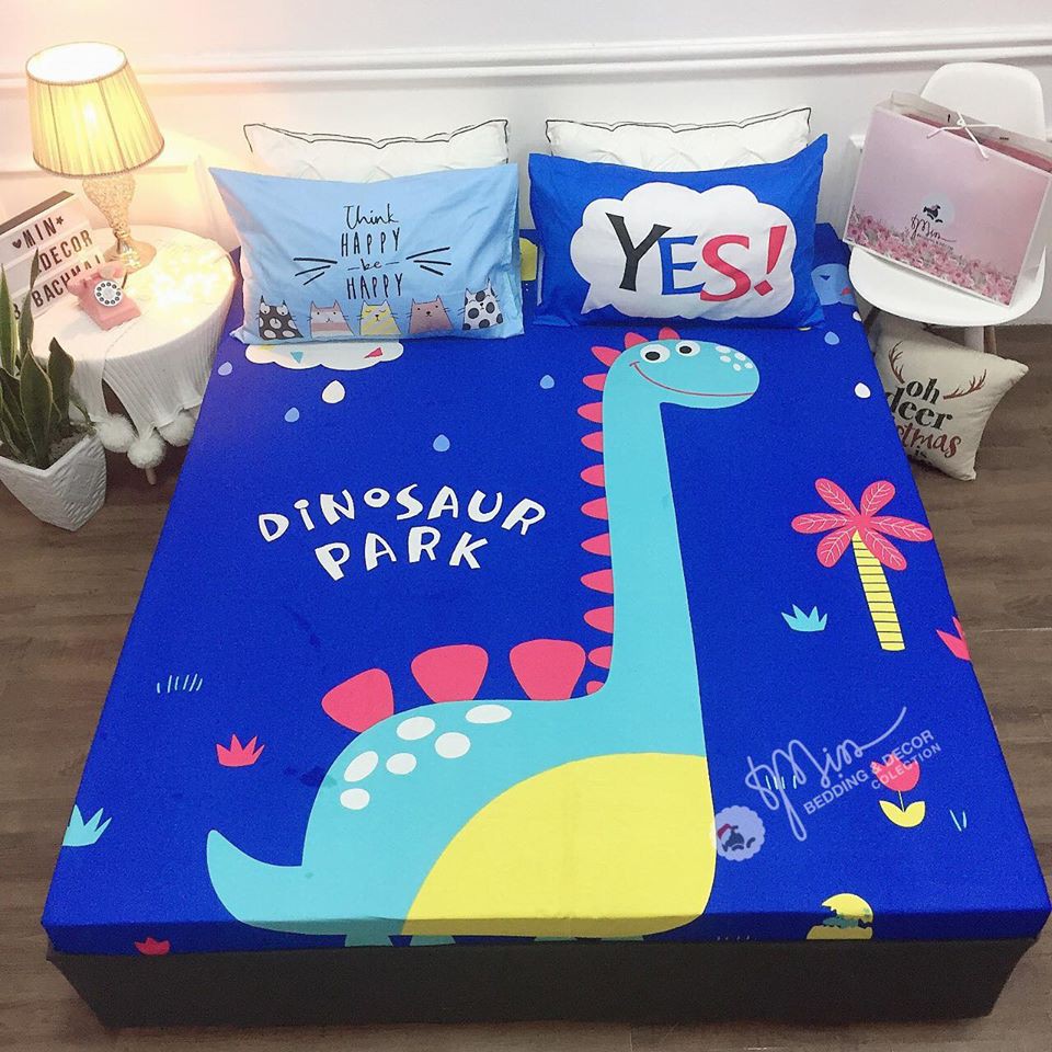 Drap Giường  Set Ga + 2 Vỏ Gối Cotton Silk 100% Cartoon Khủng Long  Ga Trải Giường Dày Dặn Mềm Mịn #Hot_Trend_2020