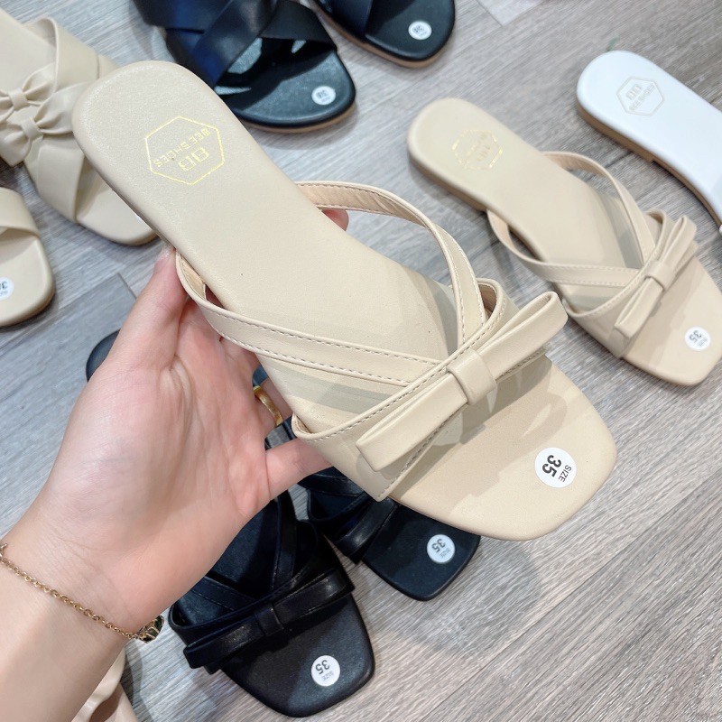 BEESHOES - DÉP NỮ MŨI VUÔNG QUAI NƠ ĐẾ BỆT - DÉP NỮ MŨI VUÔNG QUAI NƠ ĐẾ BỆT SẴN MÀU ĐEN - KEM - TRẮNG 210422