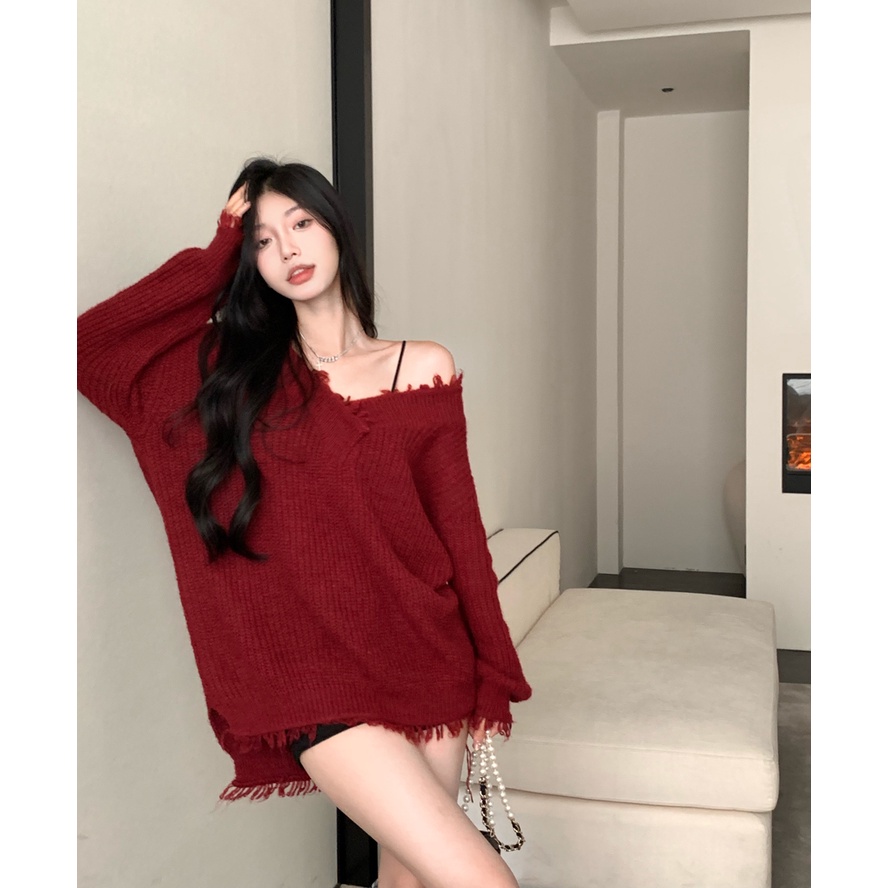 SWEATER LEN ĐỎ ĐÔ FORM RỘNG GIẤU QUẦN | BigBuy360 - bigbuy360.vn