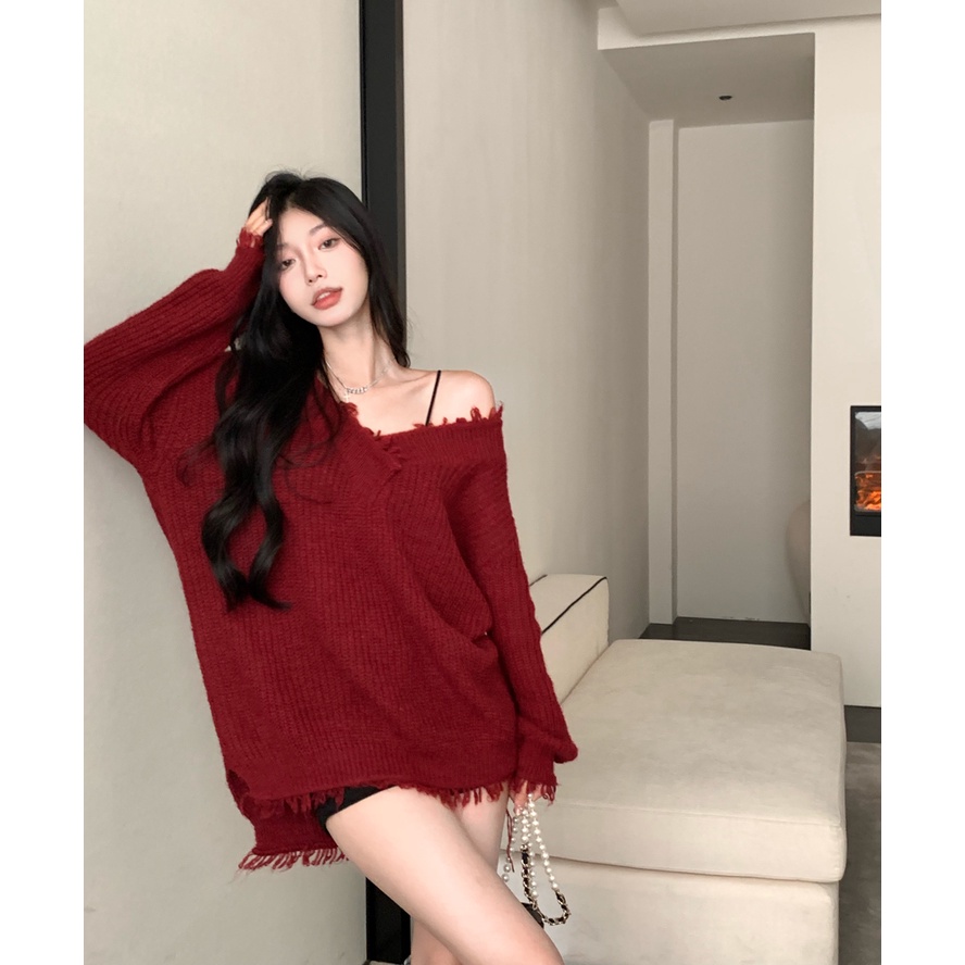 SWEATER LEN ĐỎ ĐÔ FORM RỘNG GIẤU QUẦN | WebRaoVat - webraovat.net.vn