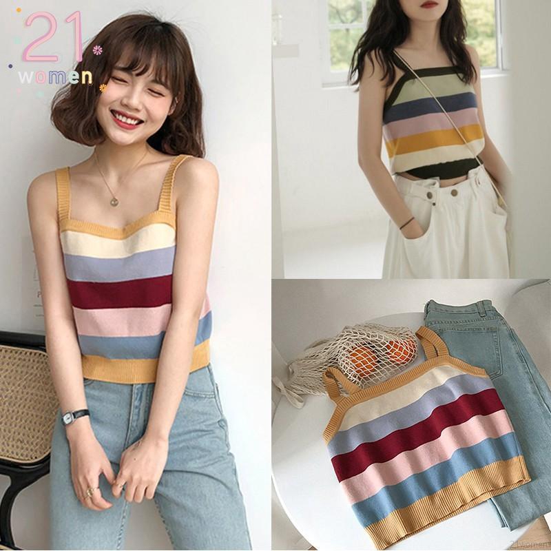 [Mã FASHIONT4WA2 giảm 10K đơn 50K] Áo sát nách dệt kim hoạ tiết kẻ sọc cho phái nữ