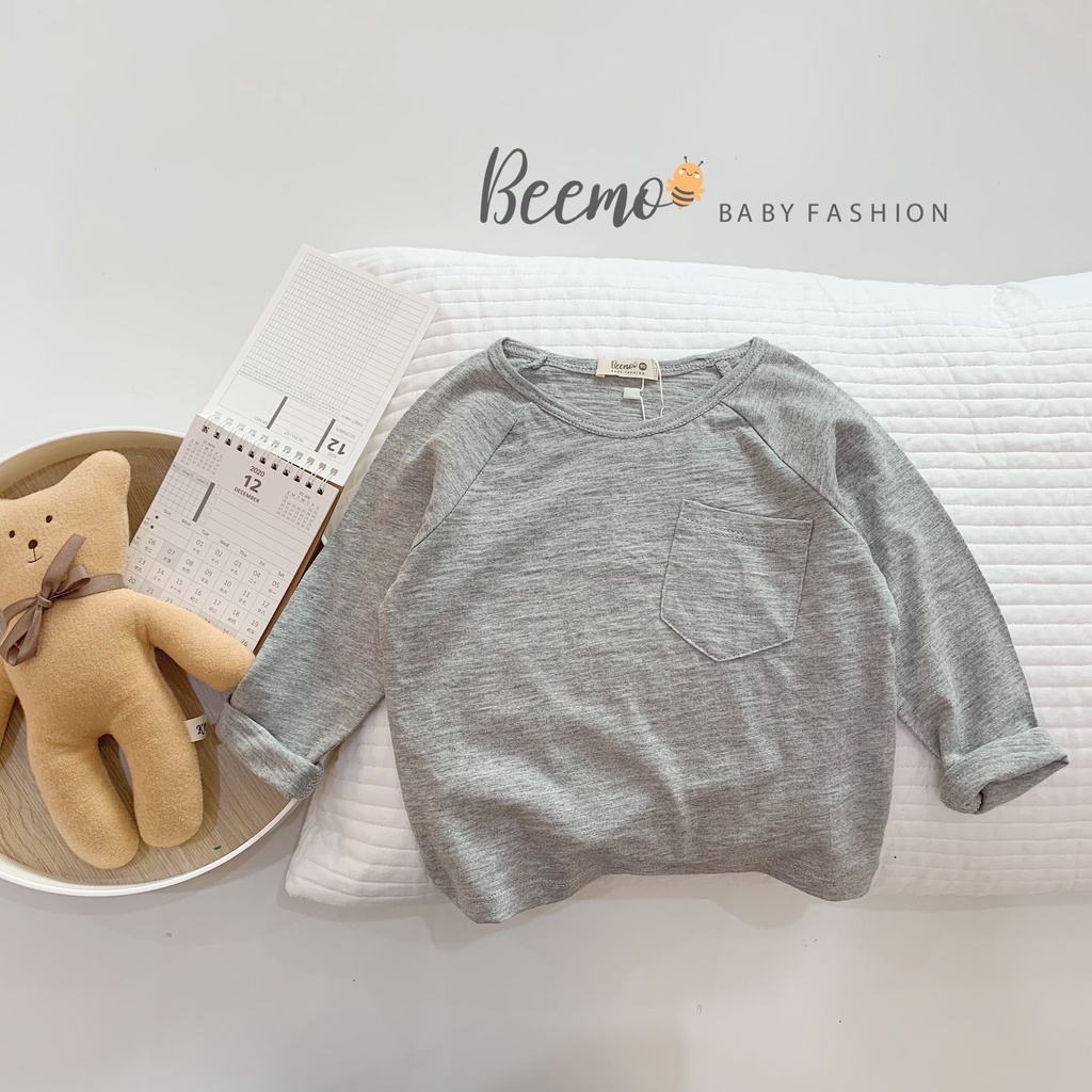 Áo phông dài tay cotton Beemo cho bé trai, bé gái trơn phối túi 6 màu basic - 21A062