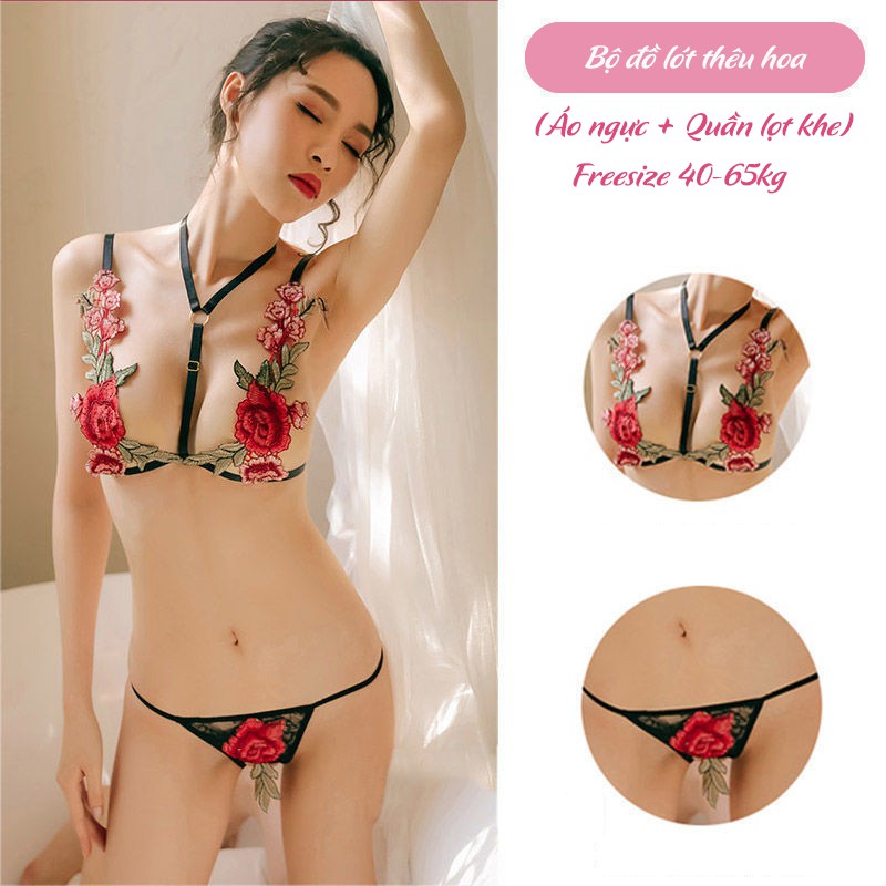 Bộ Đồ Lót Sexy Lọt Khe Thêu Hoa Hồng