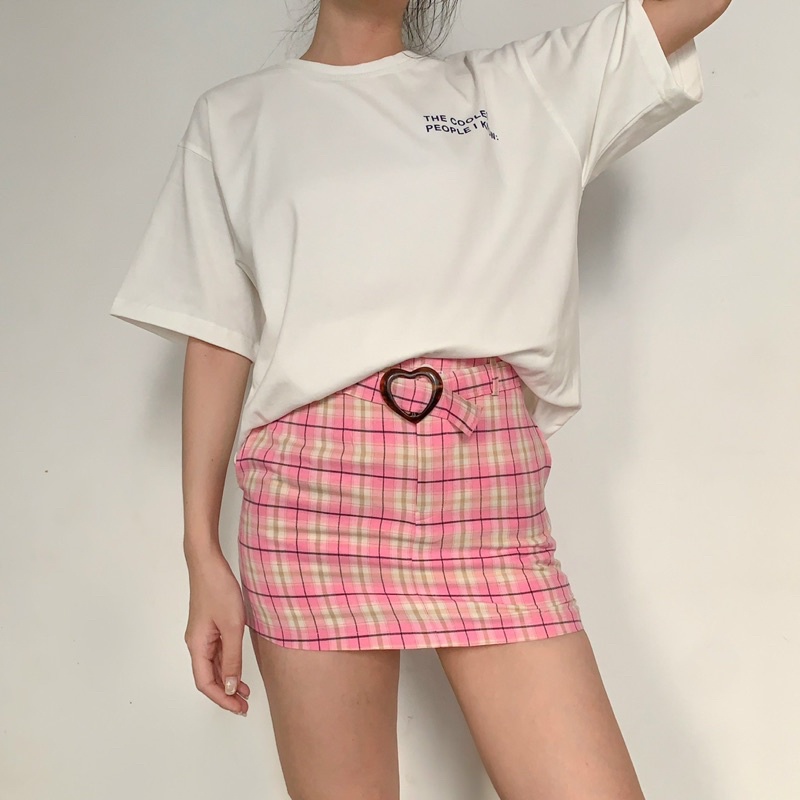 Usthebasic - Chân váy sọc kẻ Check Heart Belt Skirt