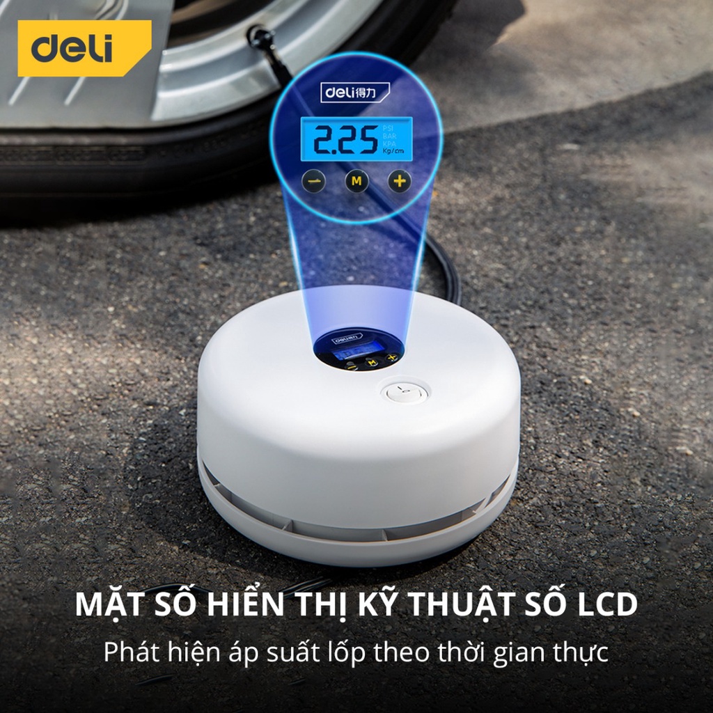 Máy Bơm Lốp Xe Ô Tô Deli Chính Hãng - Bơm Nhanh, Phát Hiện Áp Suất Lốp Thời Gian Thực, Màn Hình LCD- Nhỏ Gọn Mã DL880180