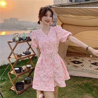 Đầm chữ a tay phồng cổ chữ v thời trang mùa hè cho nữ váy