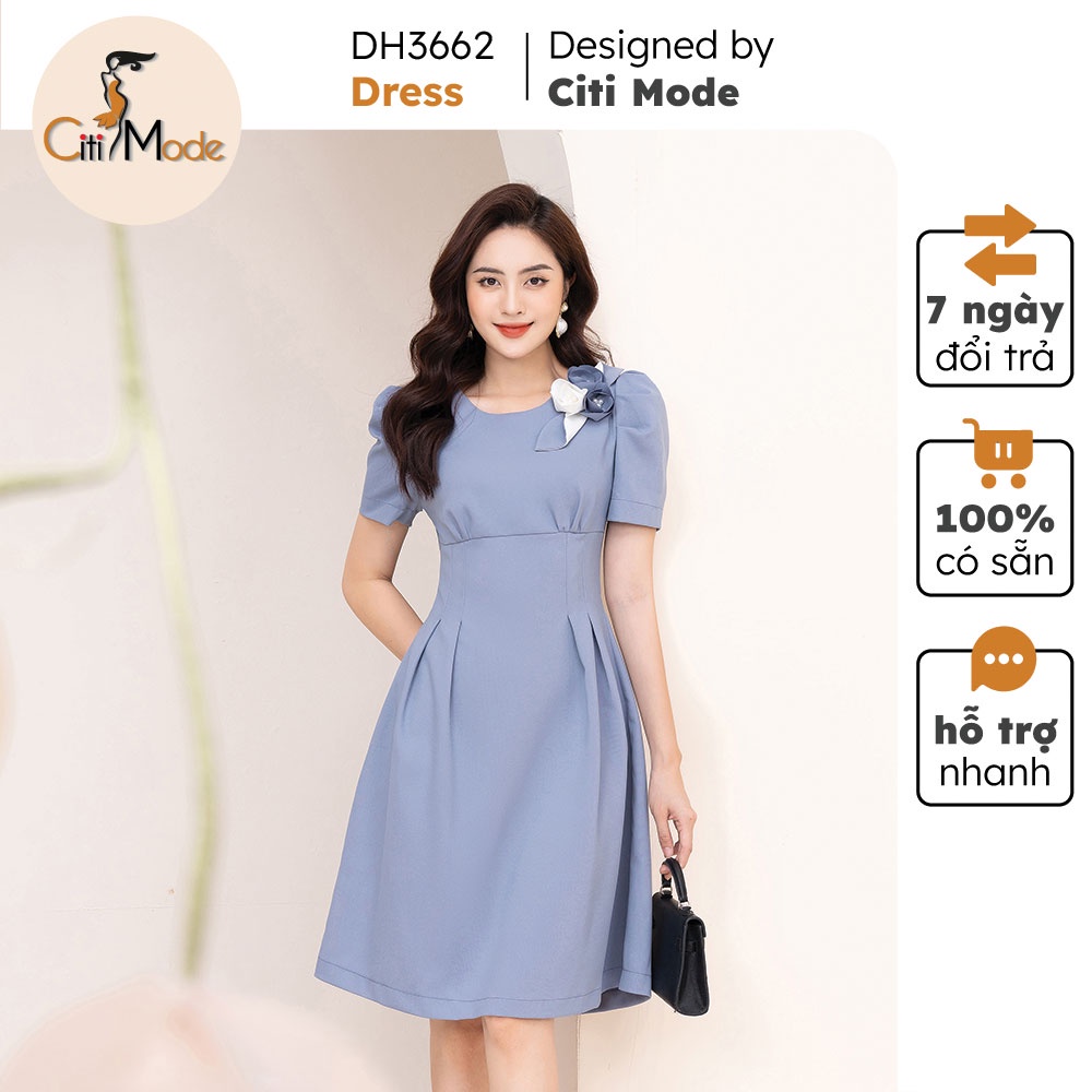 Đầm xoè xanh phối hoa vai DH3662