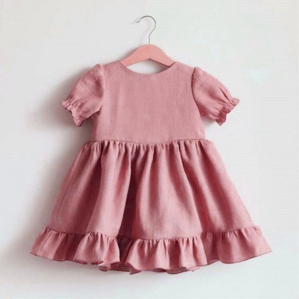 Váy linen cho bé gái Lamm linen tay bồng babydoll đuôi cá hồng