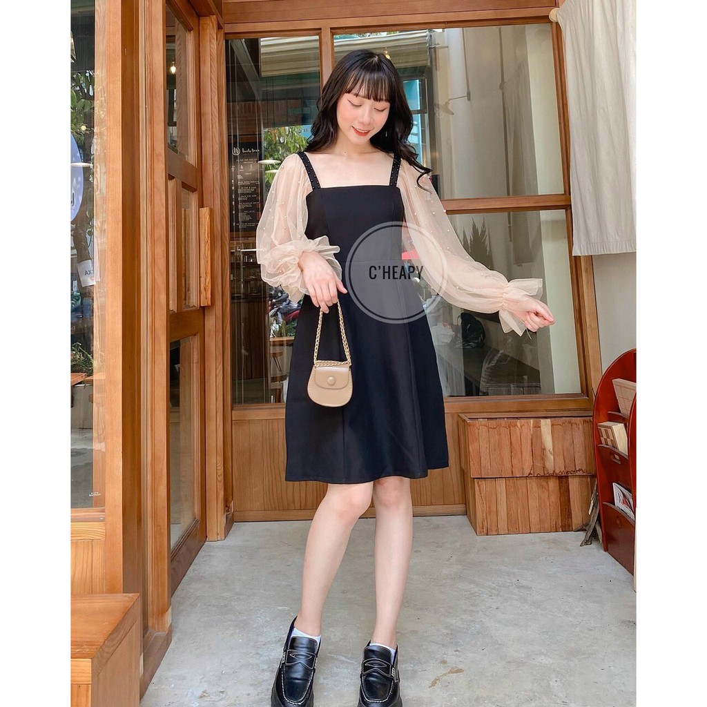 Đầm xòe cổ vuông tay lưới bi xinh xắn có mút ngực