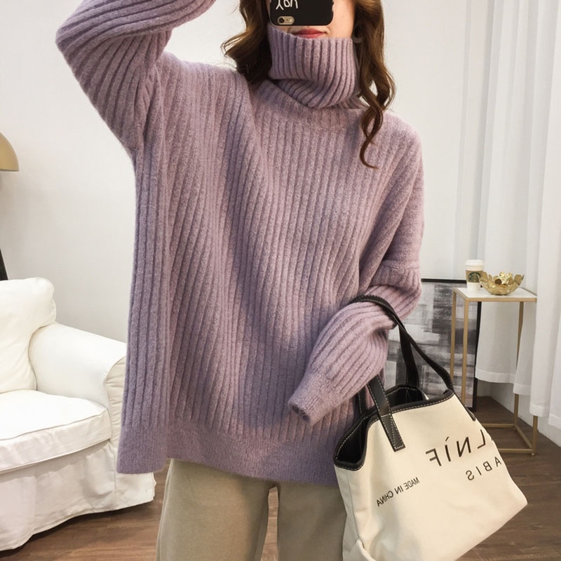 IELGYÁo Sweater Dệt Kim Tay Dài Cổ Cao Dáng Rộng Thời Trang Cho Nữ
