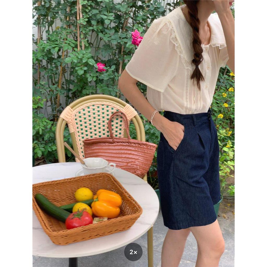 Áo Sơ Mi Tay Ngắn Cổ Búp Bê Phối Ren Dễ Thương Phong Cách Hàn Quốc 52799 2 Màu Lựa Chọn