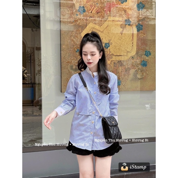 Áo sơ mi nữ kẻ xanh phối cổ tay, áo sơ mi dài tay phong cách trẻ trung, hàn quốc SRH0410138