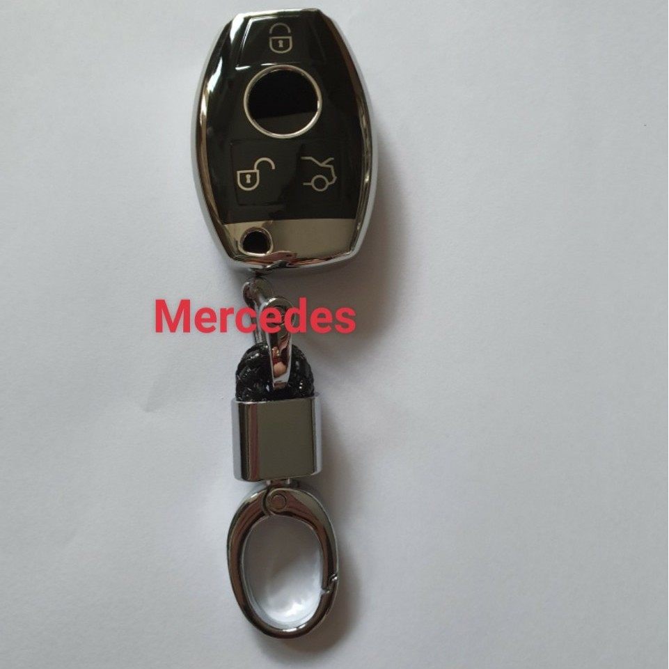 Ốp chìa khóa xe Mercedes,chất liệu silicon kèm móc đeo Inox,  màu tráng gương bảo vệ chìa khóa