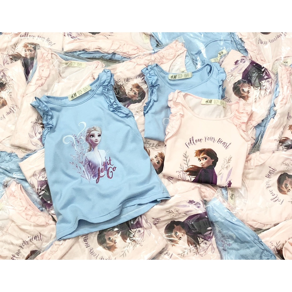 Áo thun cộc tay bé gái - Set 2 áo sát nách tay bèo Elsa HM cho bé gái size 2-10t