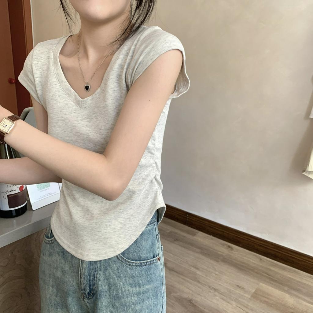 Xiaozhainv Áo Thun Tay Ngắn Cổ Chữ V Màu Trơn Dáng Ôm Thời Trang Mùa Hè Cho Nữ