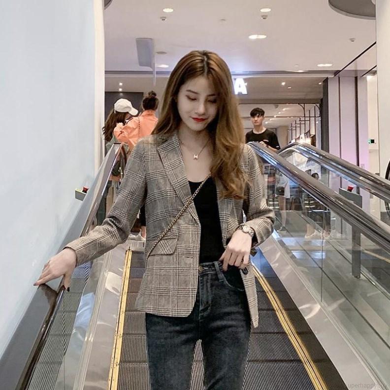Áo khoác vest ngắn sọc caro retro giản dị thời trang Hàn Quốc | BigBuy360 - bigbuy360.vn