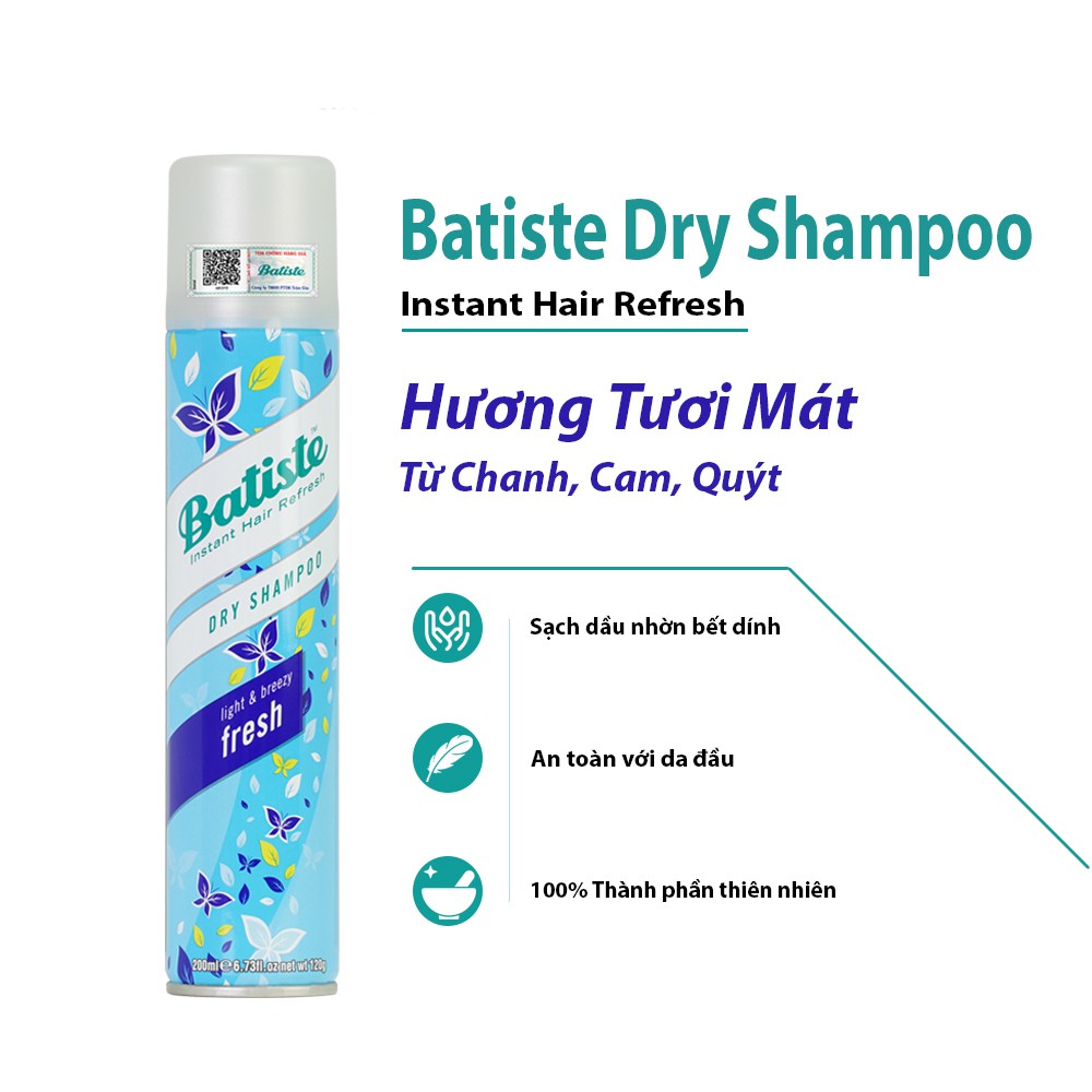 Dầu Gội Khô Batiste Dry Shampoo Mini Size 50ml, Full 200ml Hết Ngứa, Hết Bết Dính Tóc Bồng Bềnh Bóng Mượt Tức Khắc