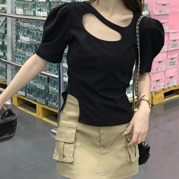 Áo Thun Tay Ngắn Màu Trắng Thiết Kế Không Đồng Đều Thời Trang Mùa Hè 2022 Mới Cho Nữ