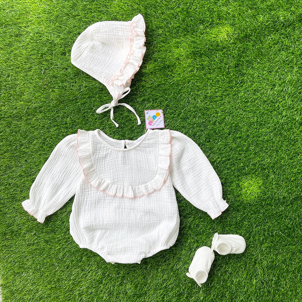 Bộ áo liền quần cho bé gái Nina Kids Boutique Body em bé sơ sinh Kèm mũ và tất Size 0m 24m Chất xô Muslin Màu trắng