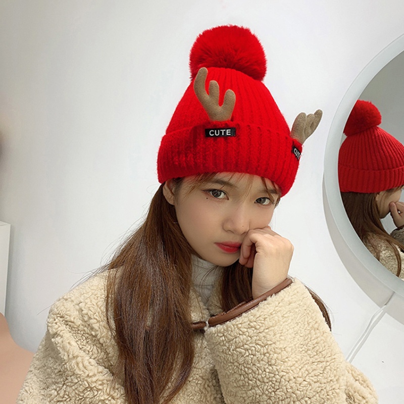 Mũ Beanie Dệt Kim Hình Sừng Hươu Đính Bóng Lông Đáng Yêu Thời Trang Xuân Đông Cho Nam Và Nữ