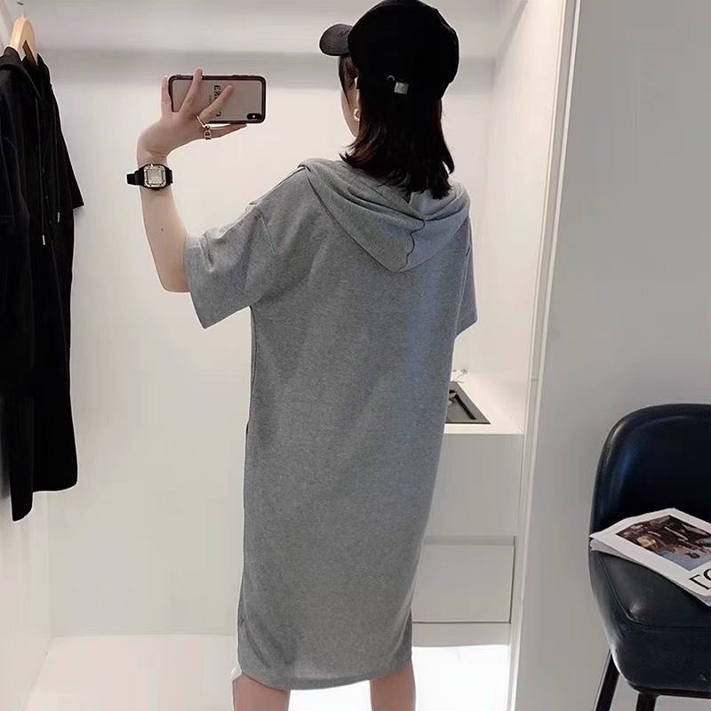 Đầm Thun Tay Ngắn Có Mũ Trùm Đầu Dáng Chữ A Màu Sắc Trơn Thời Trang Mùa Hè Phong Cách Châu Âu Kích Thước Ngoại Cỡ Cho Nữ