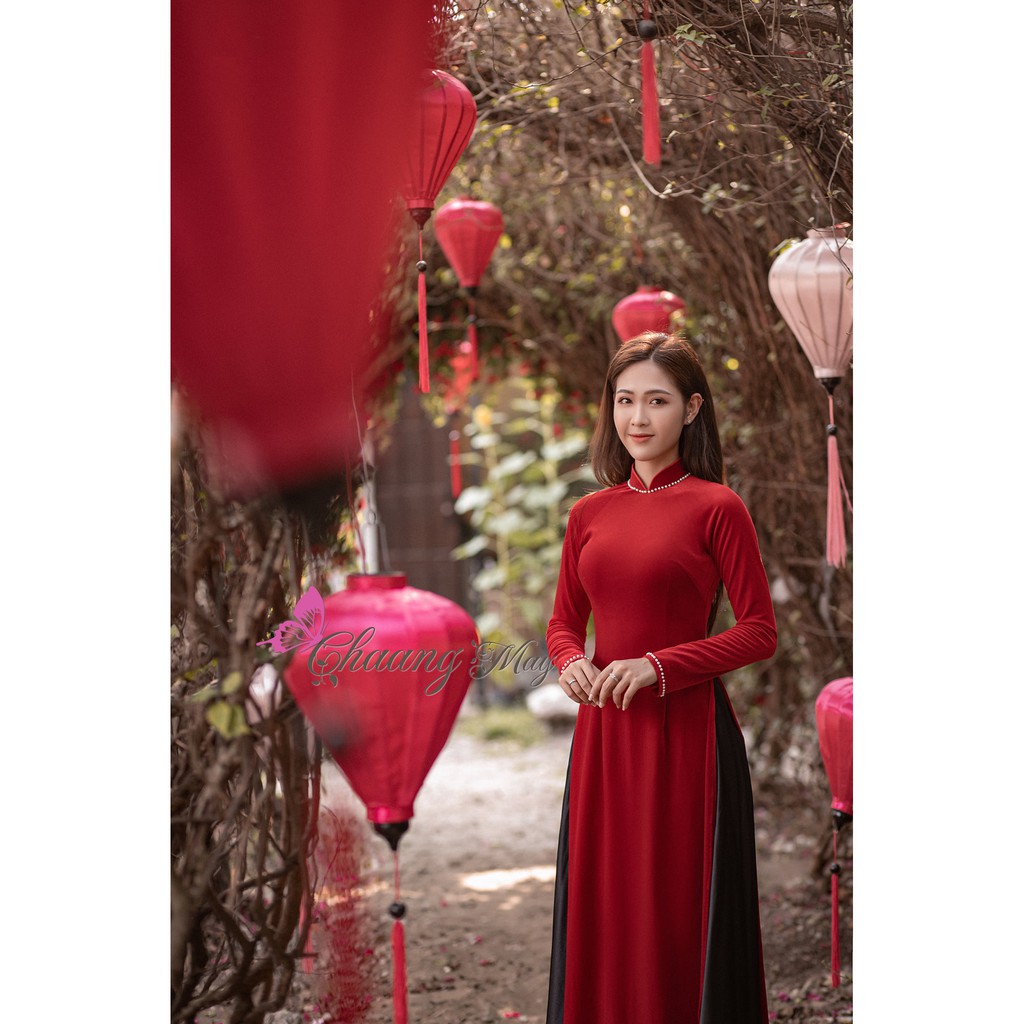 Áo dài nhung đính đá ngọc ⚡FREESHIP⚡ Áo dài truyền thống sang trọng, vải co giãn đẹp