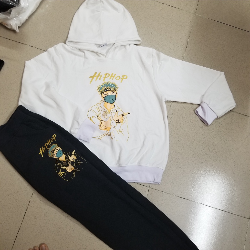 Bộ áo thun hoddie quần dài thể thao vải cotton da cá in nhũ hiphop tuổi teen và nam nữ từ 45-65kg