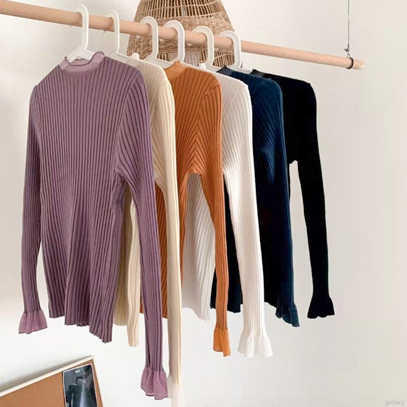 Áo Dệt Kim Dài Tay Cổ Tròn Phối Ren Màu Trơn Phong Cách Hàn Quốc