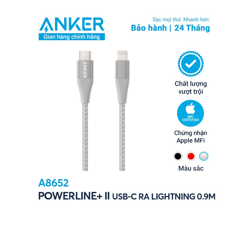 [Không kèm bao da] Cáp sạc ANKER PowerLine+ II Lightning to USB-C dài 0.9m - A8652