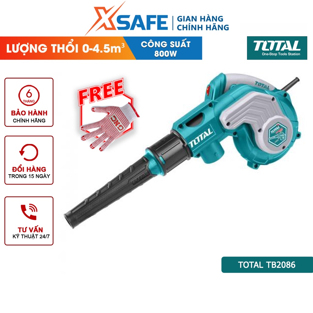 Máy thổi bụi TOTAL TB2086 Máy thổi công suất 800W, tốc độ không tải 0-15000rpm, kèm 1 túi chứa bụi, 1 ống và 2 vòi hút