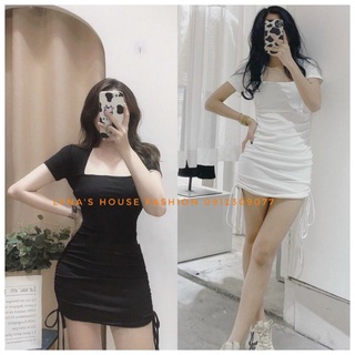 Váy đầm nữ ôm body 🌸 freeship 🌸 tay ngắn cổ vuông nhún sườn dây rút lh115