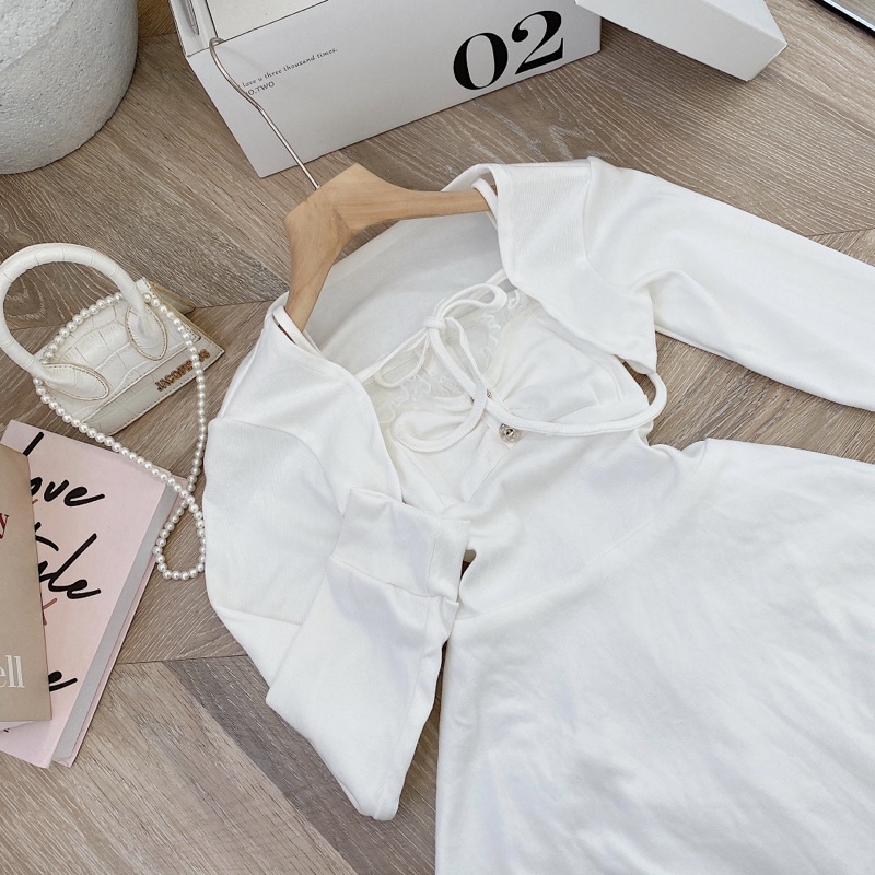 SET ĐẦM TRẮNG NHÍU GẮN NÚT + ÁO KHOÁC CROPTOP TRẮNG