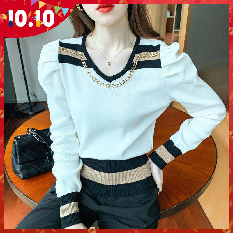 Áo dệt kim tay phồng cổ chữ V màu sắc tương phản thời trang mùa thu cho nữ 2021