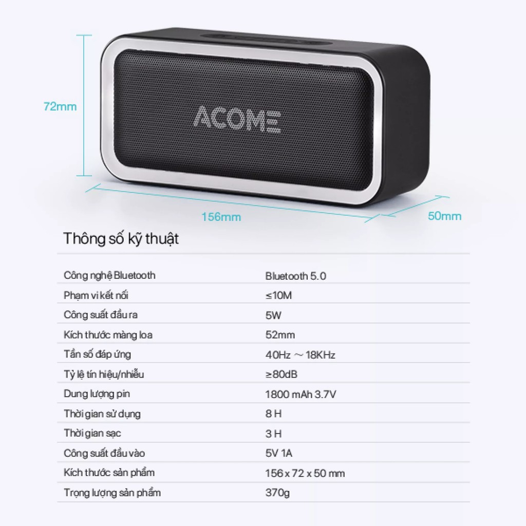 ACOME A6 Loa Bluetooth Công Suất 5W với LED RGB Chống Nước IPX5 Hỗ trợ TWS Ghép Đôi 2 Loa Âm thanh Vòm 360