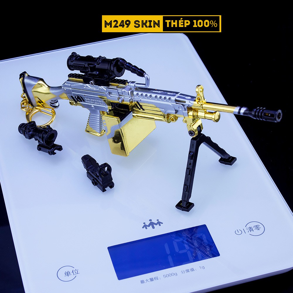 Mô Hình PUBG M249 Skin Ultimate Gold Tặng Kèm 3 Scope Và Kệ Trưng Bày 19cm