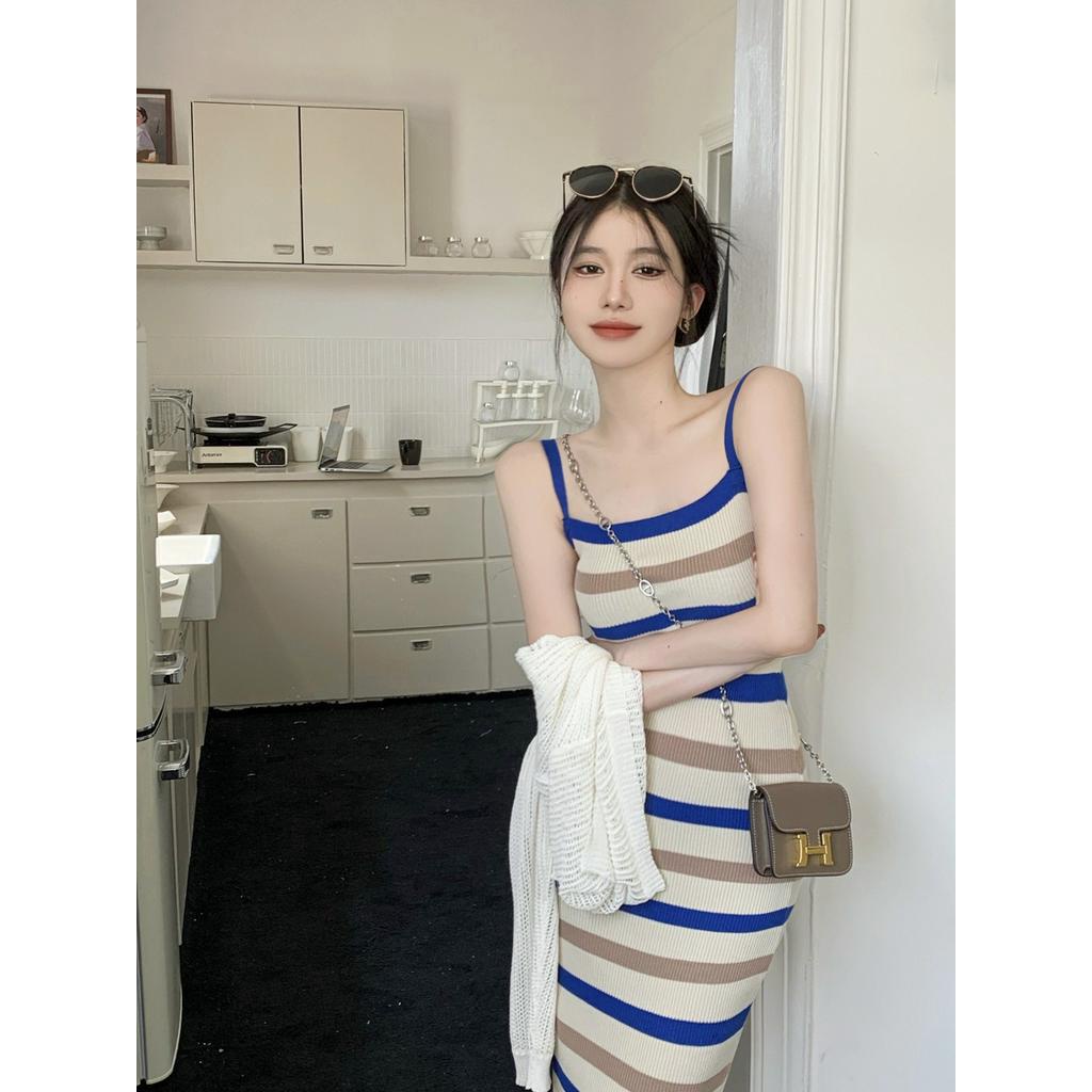 [Mơ] Đầm Dệt Kim Hai Dây Ôm Hông Không Tay Dài Đến Bắp Chân Cho Nữ