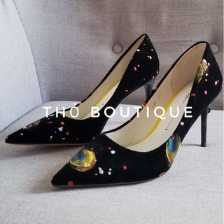Giày cao gót XYFF nhung đen vệt sơn cách điệu 9cm size 37