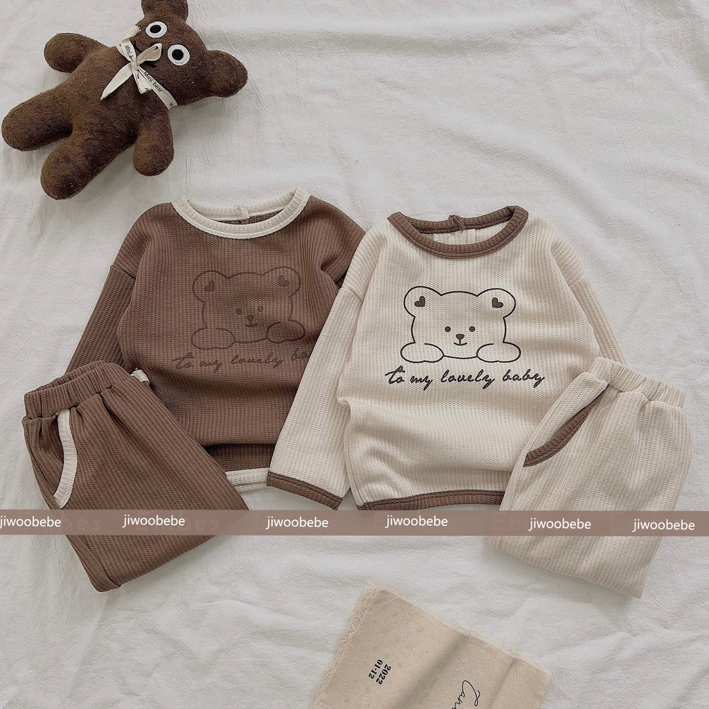 Bộ Quần Áo Dài Tay Cho Bé Jiwoo Bebe, Quần Áo Thu Đông Trẻ Em Vải Cotton Waffle Bé Trai Và Bé Gái