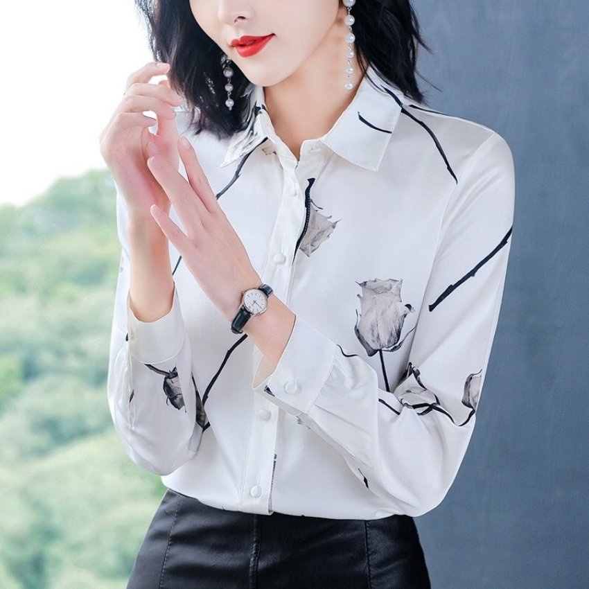 Áo Sơ Mi Công Sở Nữ Dài Tay Phối Họa Tiết Hoa Hồng Chất Liệu Cao Cấp Mềm Mịn Thoáng Mát
