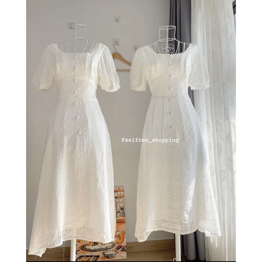 Đầm Trắng Công Chúa Cổ Vuông Nút Bọc Mặc Đi Tiệc, Đi Chơi, Kỷ Yếu (Hình Thật) D014