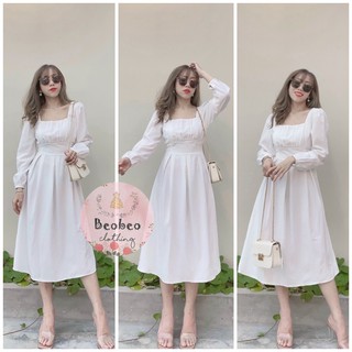 Đầm midi trắng cổ vuông tay phồng thắt nơ vintage