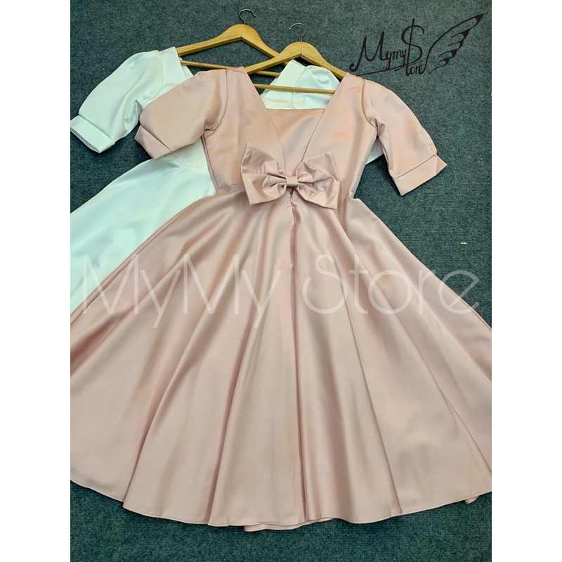 Đầm xòe cổ vuông hở nơ lưng gợi cảm chất phi lụa taffeta sang trọng siêu xinh TRIPBLE T DRESS - size M/L - MS109Y