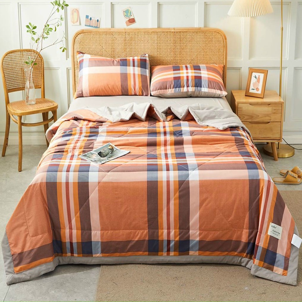Bộ chăn ga gối cotton tici chăn trần EMMI Bedding mẫu KẺ CAM ĐẤT  grap nệm thun lạnh Hàn Quốc Drap giường đệm đủ siz