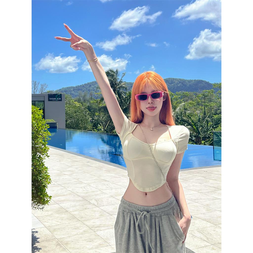 Cocory vn Áo Croptop Tay Ngắn Hở Lưng Y2K Có Đệm Ngực 4 Màu Thời Trang Mùa Hè Quyến Rũ Cho Nữ