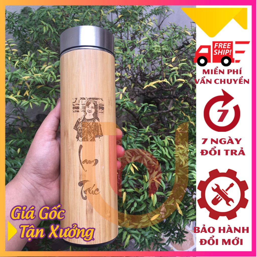 Bình giữ nhiệt vỏ gỗ 450ml khắc hình – khắc tên – khắc logo theo yêu cầu