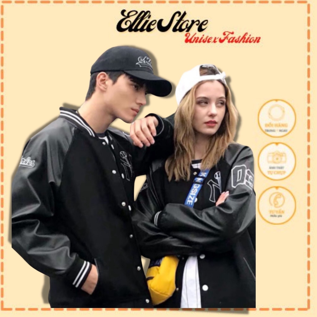 Áo Khoác Bomber NY 03 Nam Nữ Ni Phối Tay Da Xưởng May Ellie Store