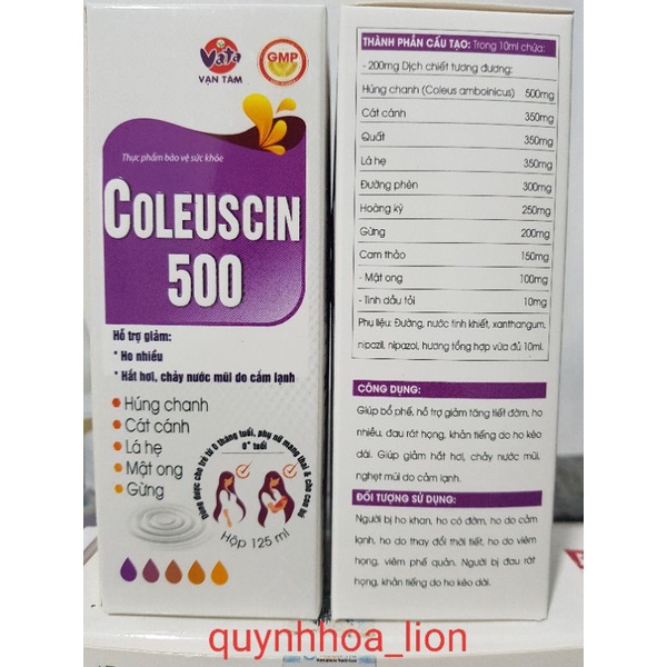 SIRO GIẢI CẢM, GIẢM HO COLEUSCIN 500_ Hỗ trợ giảm ho nhiều, hắt hơi, chảy nước mũi do cảm lạnh